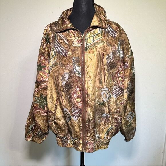 OutBrook Vintage Brown Silk Bomber Jacket with Abstract Design - Picture 2 of 8